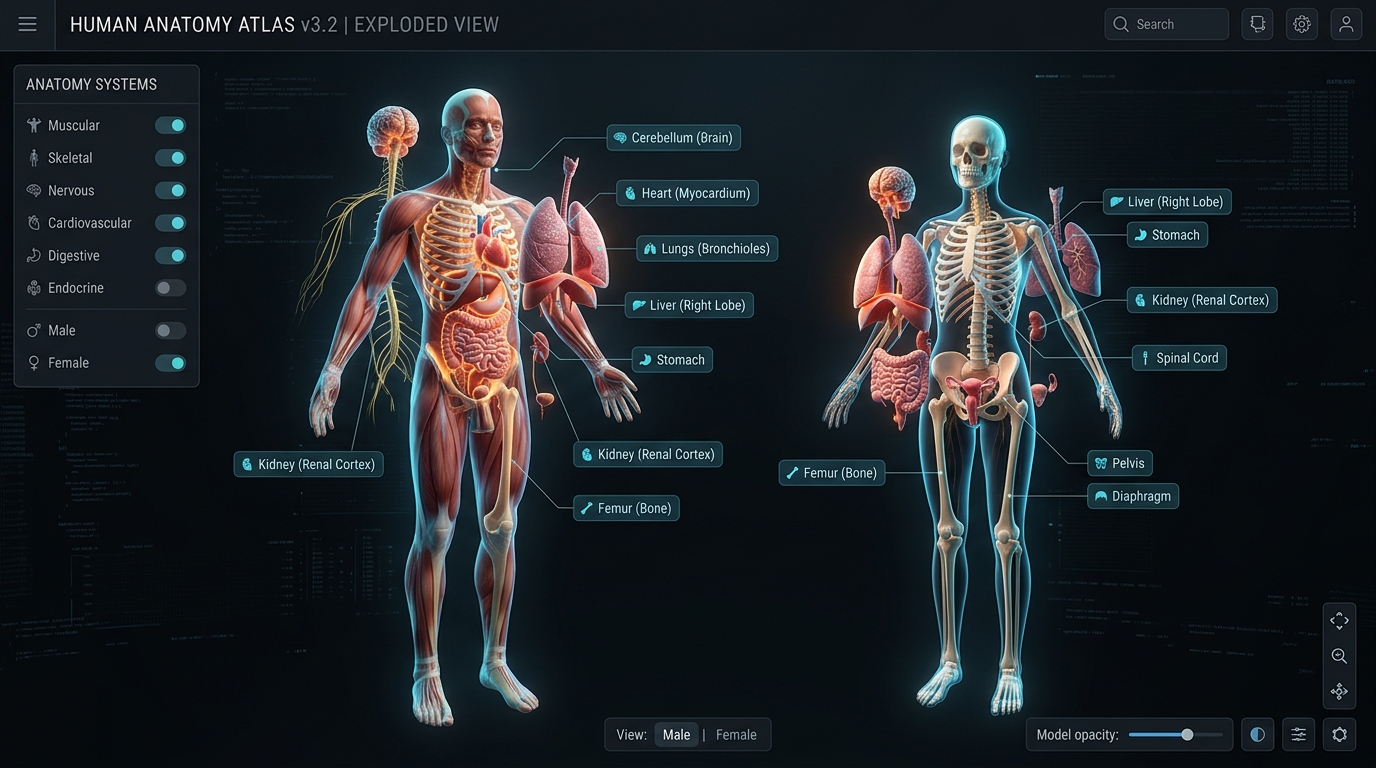 Interactive Human Anatomy 3D Atlas Exploded View Interface