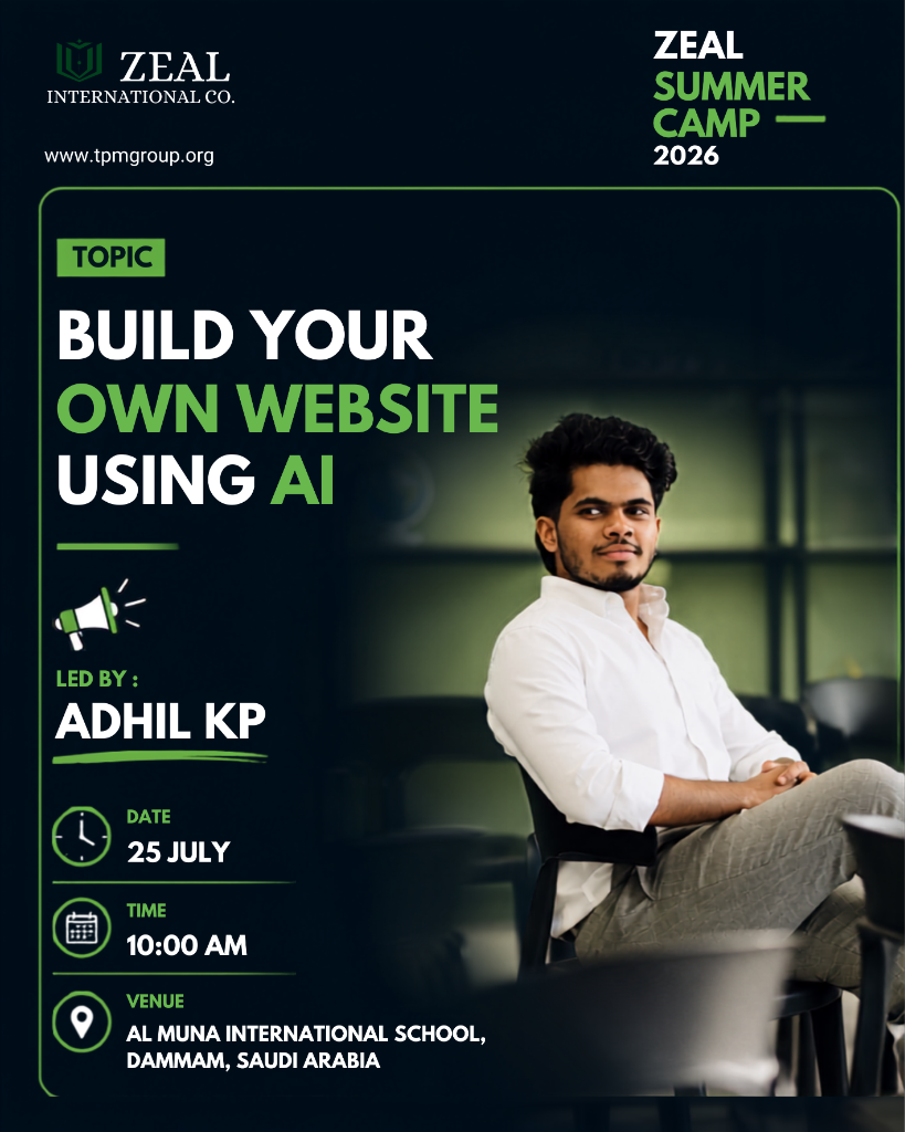 Build Your Own Website Using AI workshop poster for Zeal Summer Camp Riyadh
